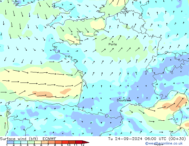  10 m (bft) ECMWF  24.09.2024 06 UTC