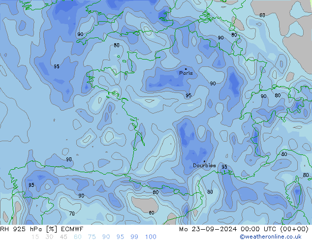 RH 925 hPa ECMWF Mo 23.09.2024 00 UTC