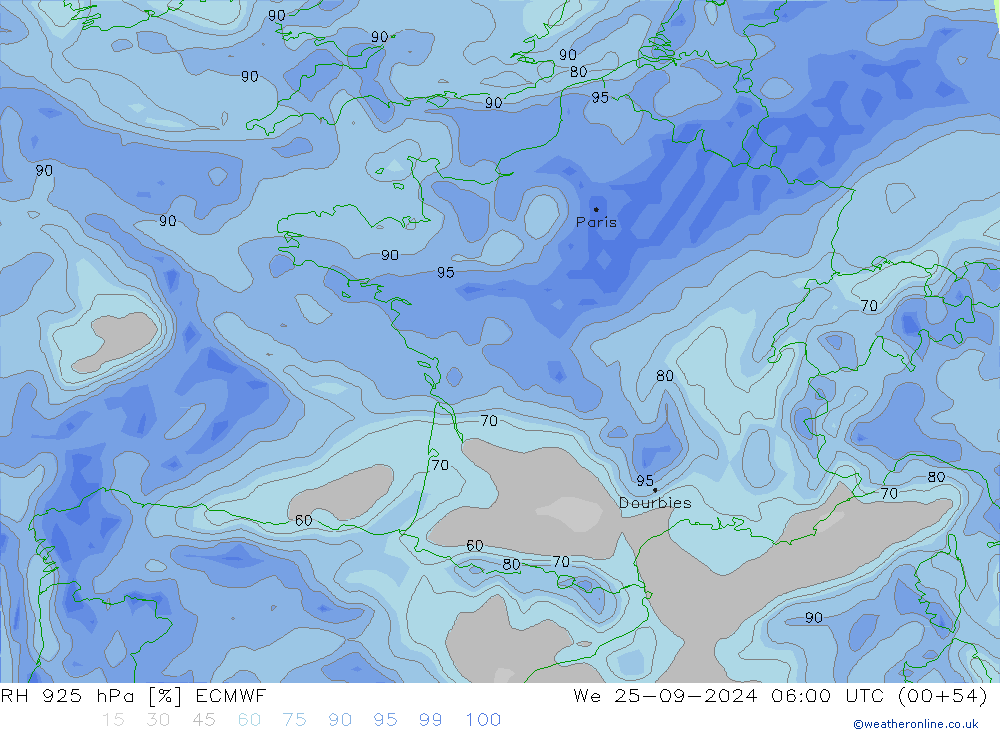 RH 925 hPa ECMWF We 25.09.2024 06 UTC