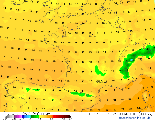 Temperature (2m) ECMWF Tu 24.09.2024 09 UTC