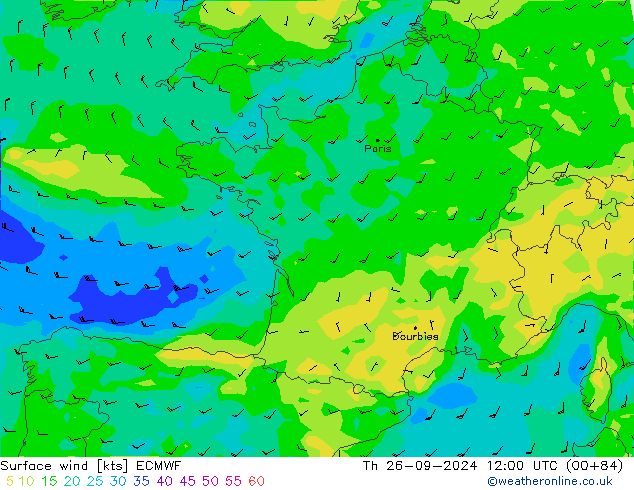 Surface wind ECMWF Čt 26.09.2024 12 UTC