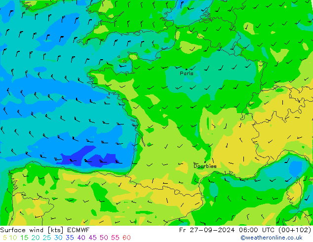 ветер 10 m ECMWF пт 27.09.2024 06 UTC