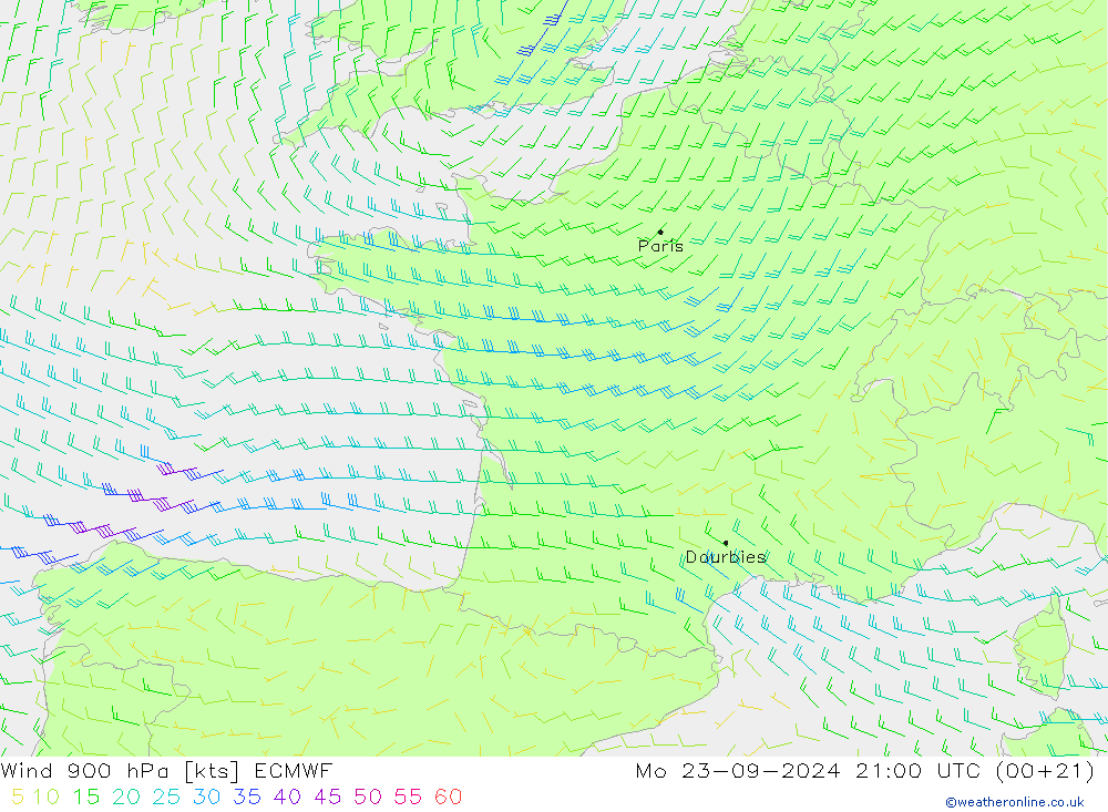 Viento 900 hPa ECMWF lun 23.09.2024 21 UTC