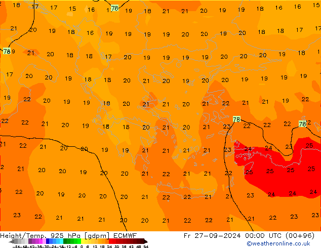 Geop./Temp. 925 hPa ECMWF vie 27.09.2024 00 UTC