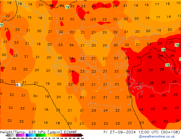 Height/Temp. 925 hPa ECMWF Fr 27.09.2024 12 UTC