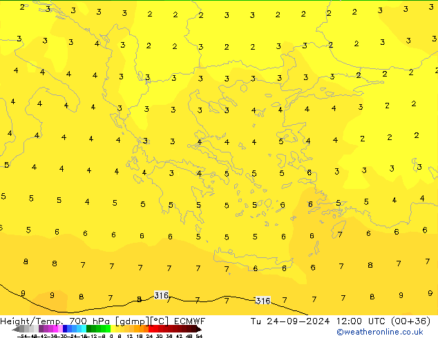 Height/Temp. 700 hPa ECMWF Tu 24.09.2024 12 UTC