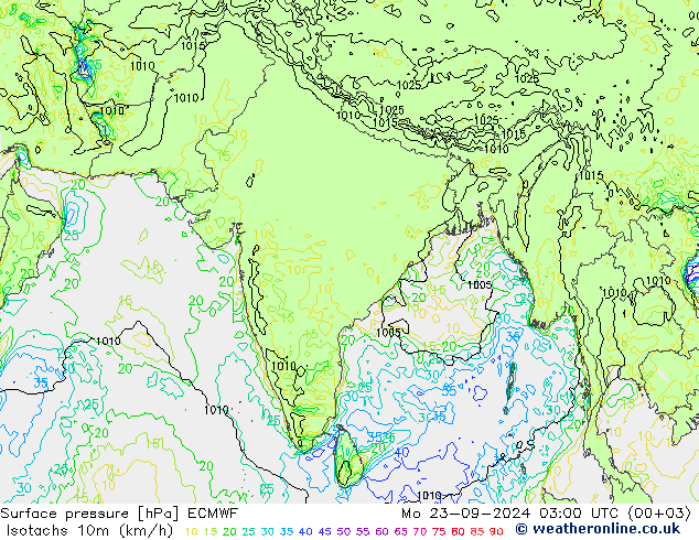 Isotachs (kph) ECMWF пн 23.09.2024 03 UTC