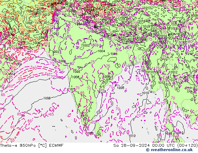 Theta-e 850hPa ECMWF sab 28.09.2024 00 UTC