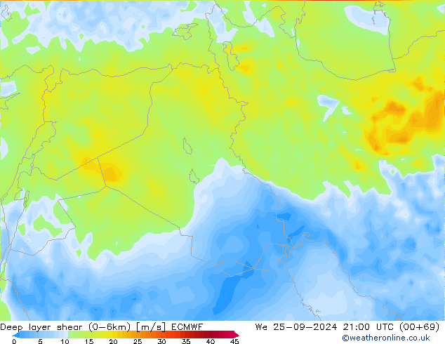 Deep layer shear (0-6km) ECMWF St 25.09.2024 21 UTC