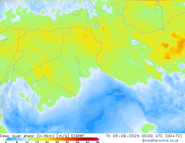 Deep layer shear (0-6km) ECMWF Th 26.09.2024 00 UTC