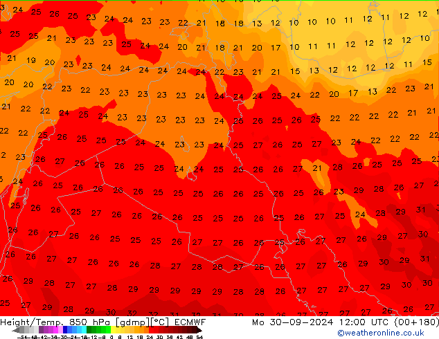 Yükseklik/Sıc. 850 hPa ECMWF Pzt 30.09.2024 12 UTC