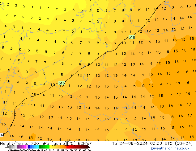 Height/Temp. 700 hPa ECMWF Tu 24.09.2024 00 UTC