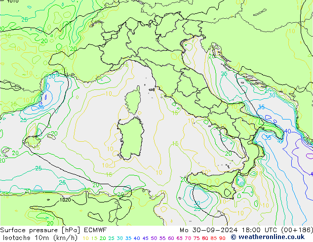 Isotachen (km/h) ECMWF ma 30.09.2024 18 UTC