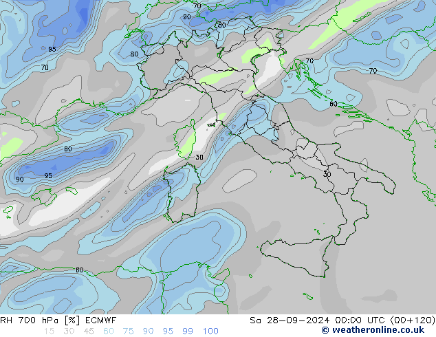 RH 700 hPa ECMWF Sáb 28.09.2024 00 UTC