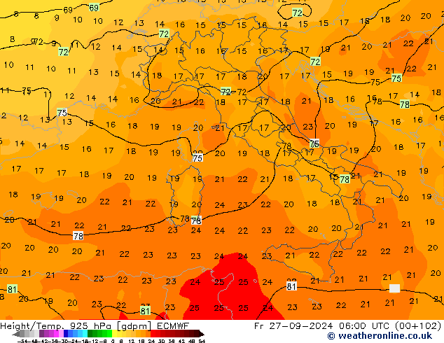 Géop./Temp. 925 hPa ECMWF ven 27.09.2024 06 UTC