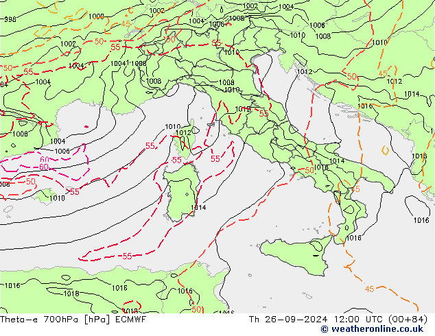 Theta-e 700hPa ECMWF Th 26.09.2024 12 UTC