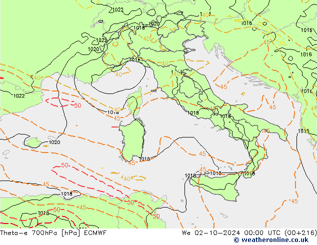 Theta-e 700hPa ECMWF  02.10.2024 00 UTC