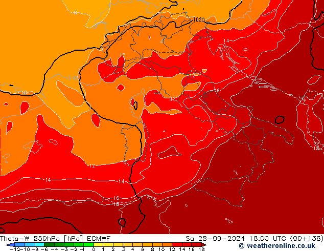 Theta-W 850hPa ECMWF sab 28.09.2024 18 UTC