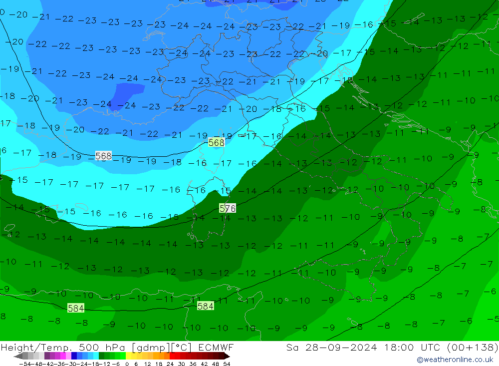 Z500/Rain (+SLP)/Z850 ECMWF Sa 28.09.2024 18 UTC