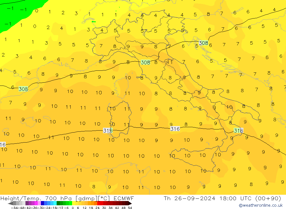 Height/Temp. 700 hPa ECMWF  26.09.2024 18 UTC