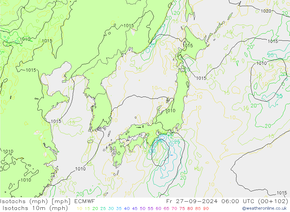 Eşrüzgar Hızları mph ECMWF Cu 27.09.2024 06 UTC