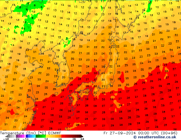 Temperatura (2m) ECMWF ven 27.09.2024 00 UTC