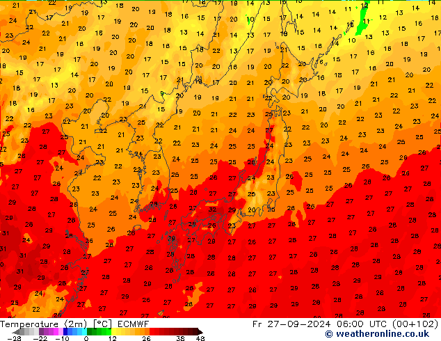 Temperatura (2m) ECMWF vie 27.09.2024 06 UTC