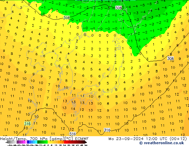 Height/Temp. 700 hPa ECMWF lun 23.09.2024 12 UTC