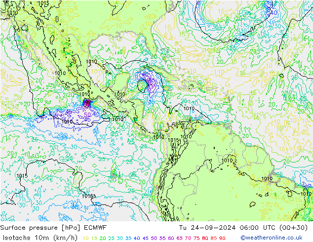 Isotachs (kph) ECMWF Tu 24.09.2024 06 UTC