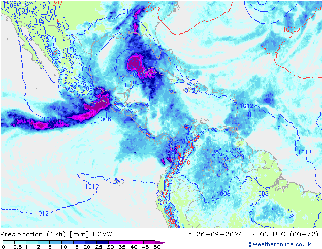 Totale neerslag (12h) ECMWF do 26.09.2024 00 UTC