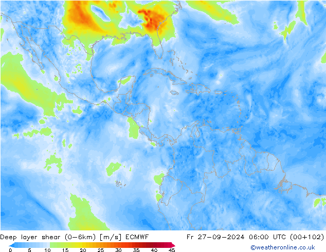 Deep layer shear (0-6km) ECMWF pt. 27.09.2024 06 UTC