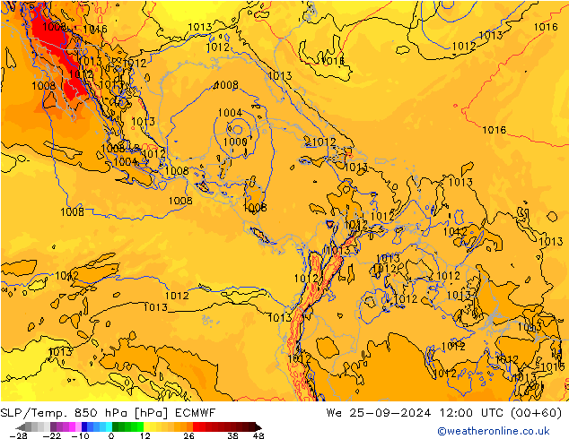 SLP/Temp. 850 гПа ECMWF ср 25.09.2024 12 UTC