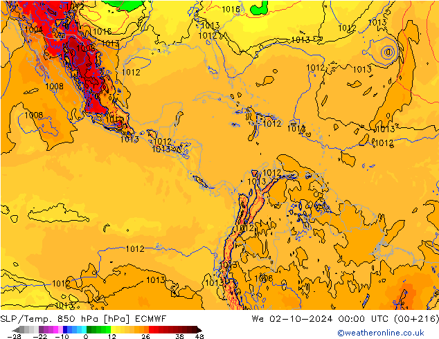 SLP/Temp. 850 гПа ECMWF ср 02.10.2024 00 UTC