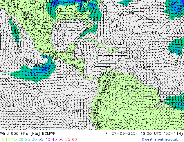 ветер 950 гПа ECMWF пт 27.09.2024 18 UTC