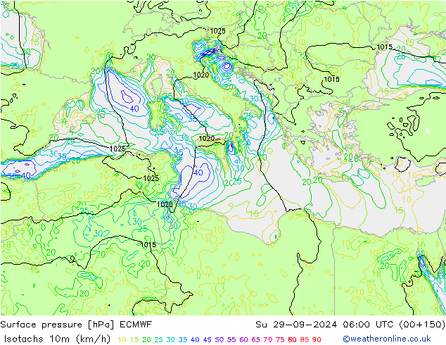 Isotachen (km/h) ECMWF zo 29.09.2024 06 UTC