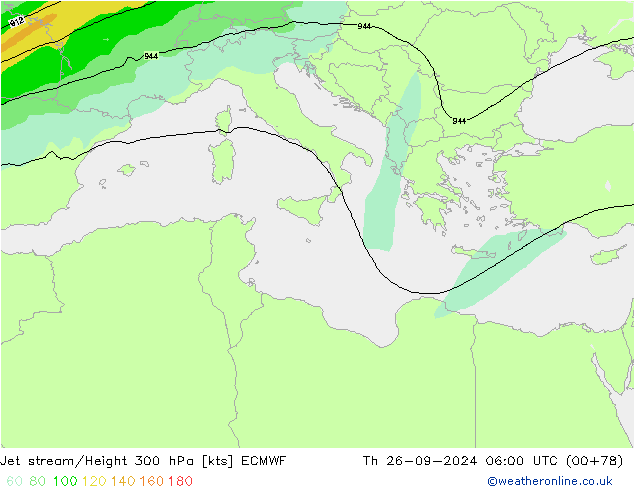 Jet stream/Height 300 hPa ECMWF Čt 26.09.2024 06 UTC