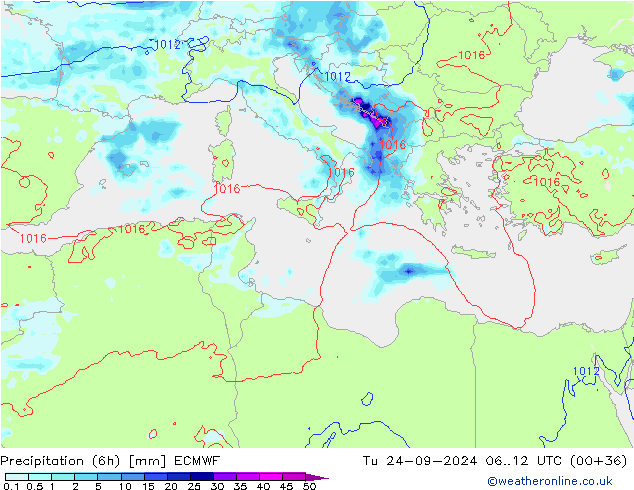 Nied. akkumuliert (6Std) ECMWF Di 24.09.2024 12 UTC