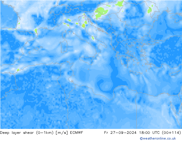 Deep layer shear (0-1km) ECMWF  27.09.2024 18 UTC