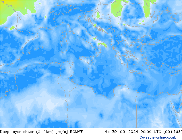 Deep layer shear (0-1km) ECMWF Po 30.09.2024 00 UTC