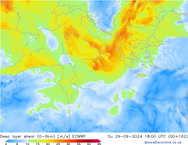 Deep layer shear (0-6km) ECMWF dom 29.09.2024 18 UTC