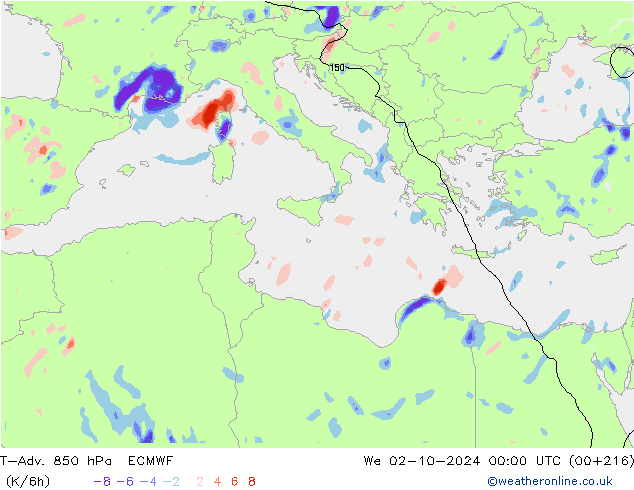 T-Adv. 850 hPa ECMWF Mi 02.10.2024 00 UTC