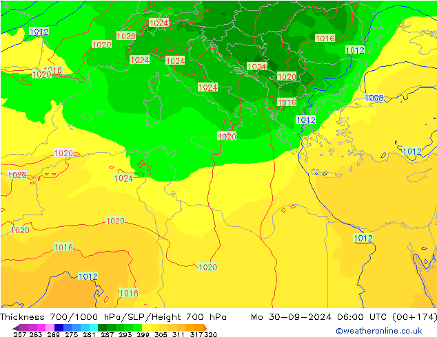 Espesor 700-1000 hPa ECMWF lun 30.09.2024 06 UTC