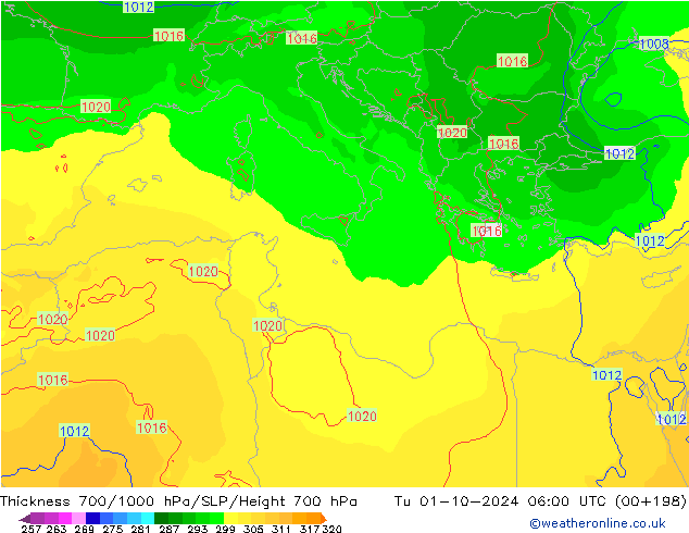 Thck 700-1000 hPa ECMWF Ter 01.10.2024 06 UTC