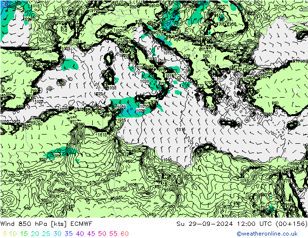 wiatr 850 hPa ECMWF nie. 29.09.2024 12 UTC