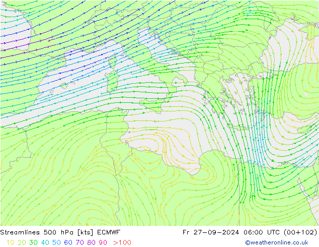 Streamlines 500 hPa ECMWF Fr 27.09.2024 06 UTC