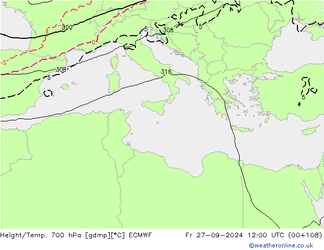 Hoogte/Temp. 700 hPa ECMWF vr 27.09.2024 12 UTC