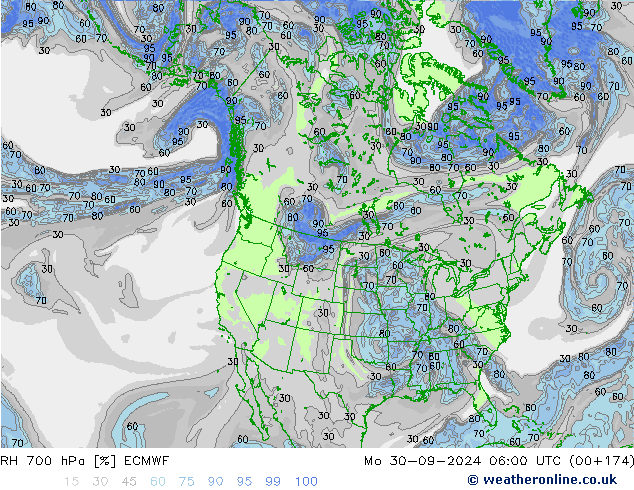 RH 700 гПа ECMWF пн 30.09.2024 06 UTC