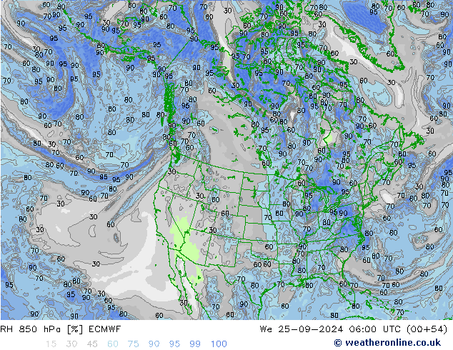 RH 850 hPa ECMWF We 25.09.2024 06 UTC