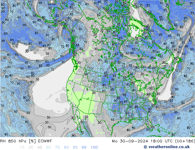 RH 850 hPa ECMWF pon. 30.09.2024 18 UTC