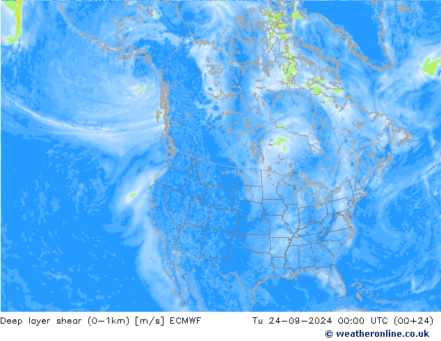 Deep layer shear (0-1km) ECMWF Sa 24.09.2024 00 UTC